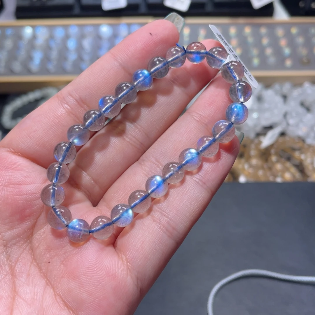 W***y手链长石未镶嵌灰月光蓝光手链7.5mm