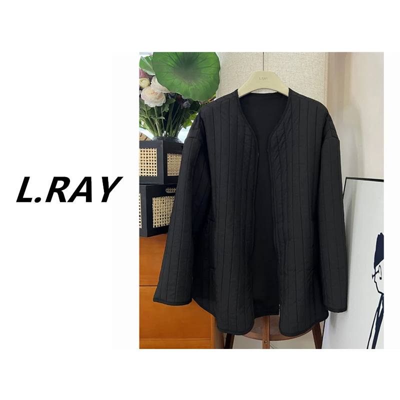 L.RAY-超好看肌理感压线无领棉服外套女秋宽松中长款圆领棉衣