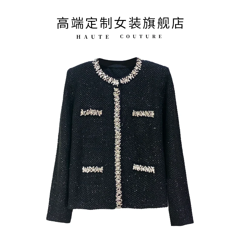 【SHIBO】早春穿搭长袖圆领经典黑色手工钻饰亮片针织开衫毛衣外套