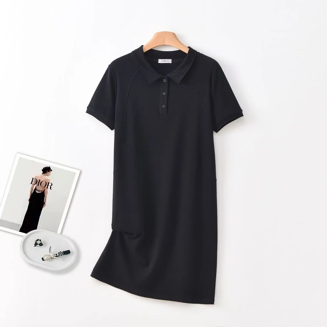 【亲肤透气】夏季新款爽滑棉翻领连衣裙薄款弹力女士Polo长裙6918