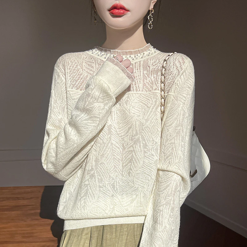 2025新款气质蕾丝木耳边半高领打底衫女洋气宽松百搭内搭