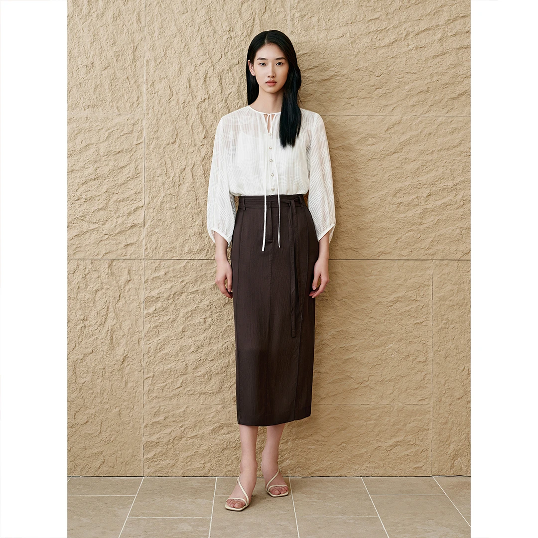 INSUN恩裳专柜2025夏季新款艺术感窗格纹提花真丝上衣9C35270140