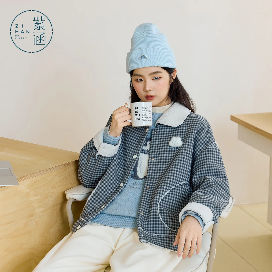 紫涵灰格翻领短外套女2025年冬季新款韩系宽松上衣Z5Z09CS004