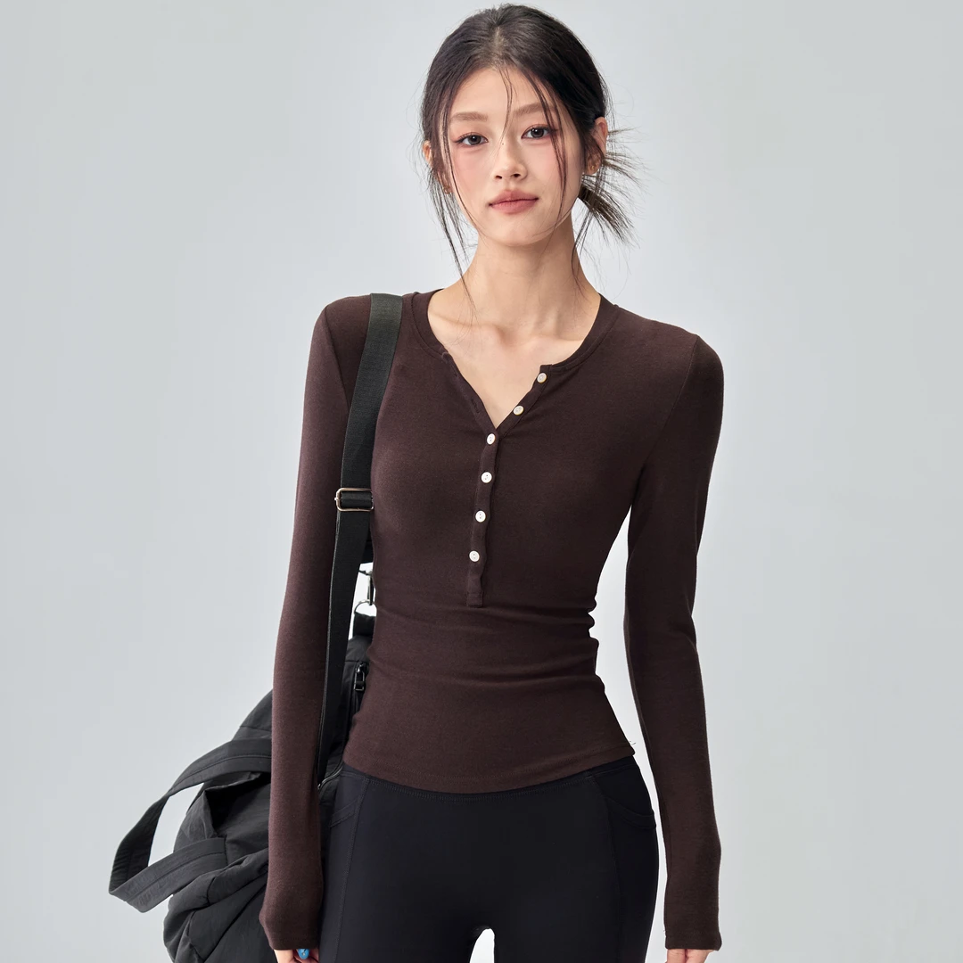 健身女孩2025新款瑜伽服长袖亨利领显瘦打底跑步训练速干运动上衣