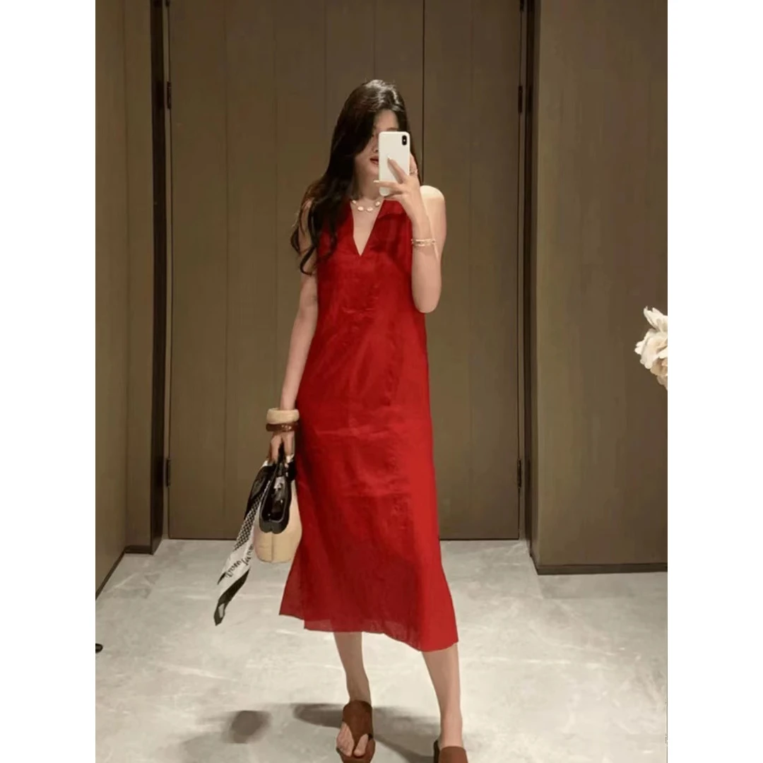 法式红色棉麻连衣裙女夏季2024新款简约时尚气质v领背心亚麻长裙