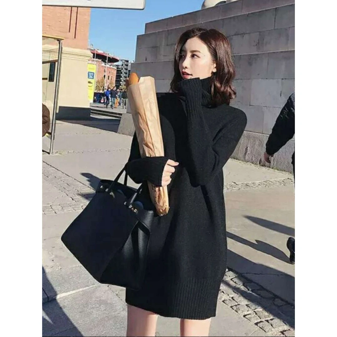爆款爆款断码大码纯色高领针织毛衣裙女胖MM斤秋冬内搭中长款