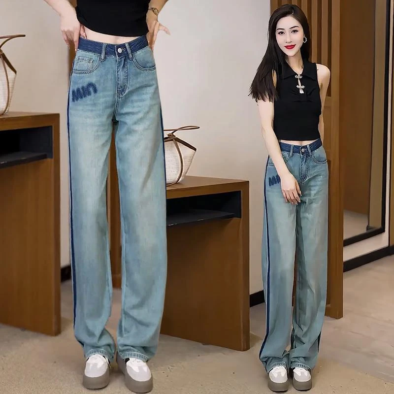 阔腿牛仔裤女2025年夏季新款高腰复古刺绣宽松窄版直筒拖地长裤
