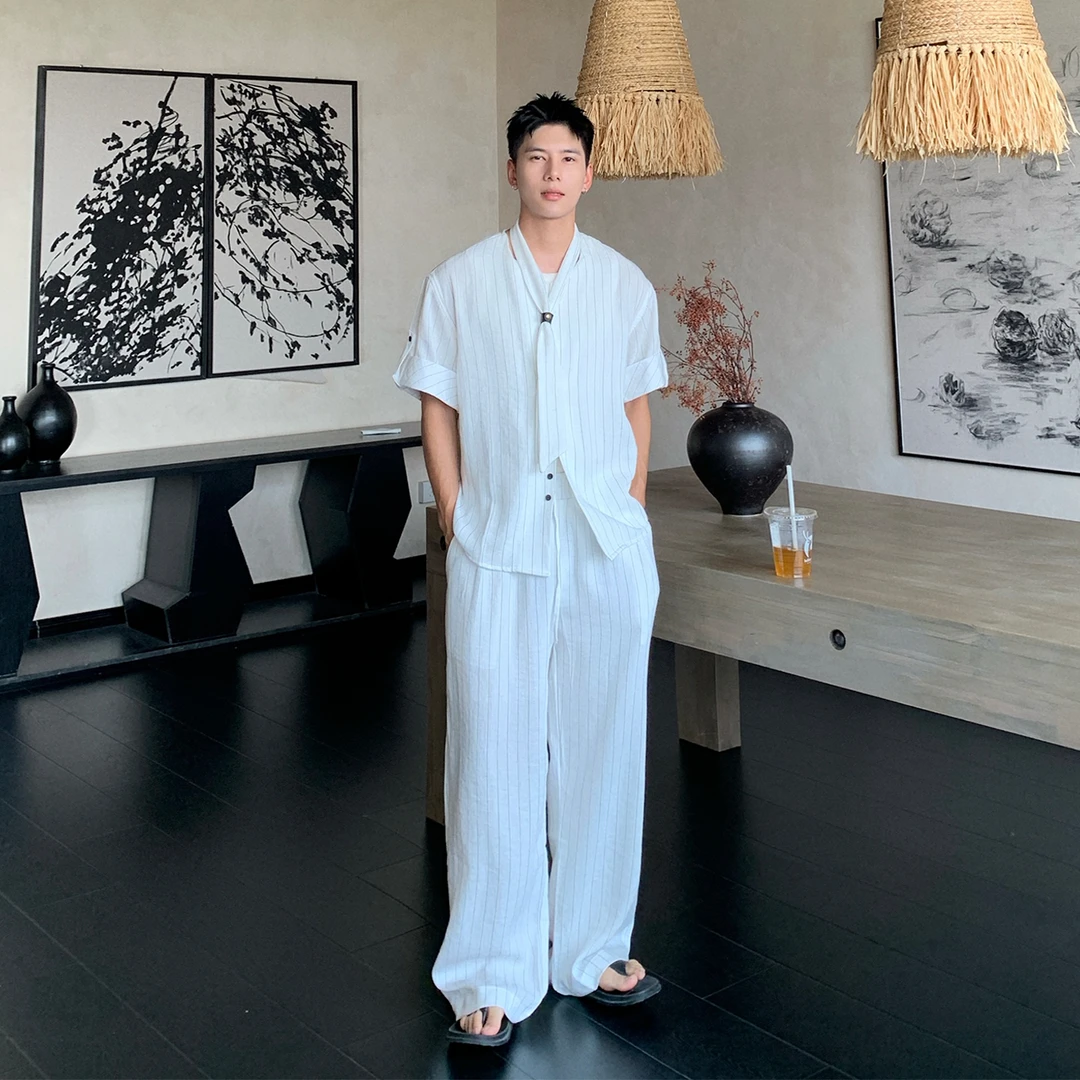 Holocene美式潮牌夏季薄款老钱风亚麻套装慵懒风纯色衬衫25632