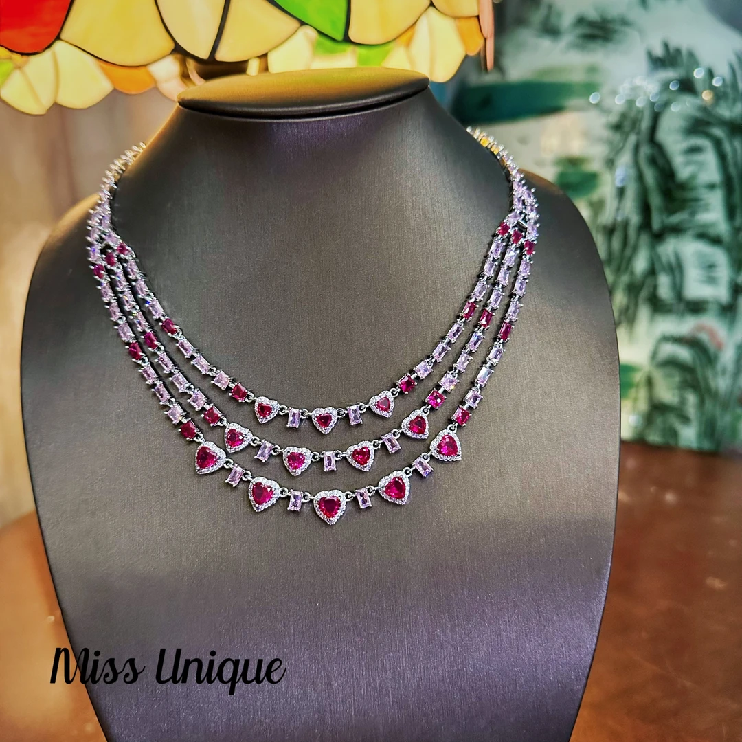 S6691粉色三条爱心流苏项链