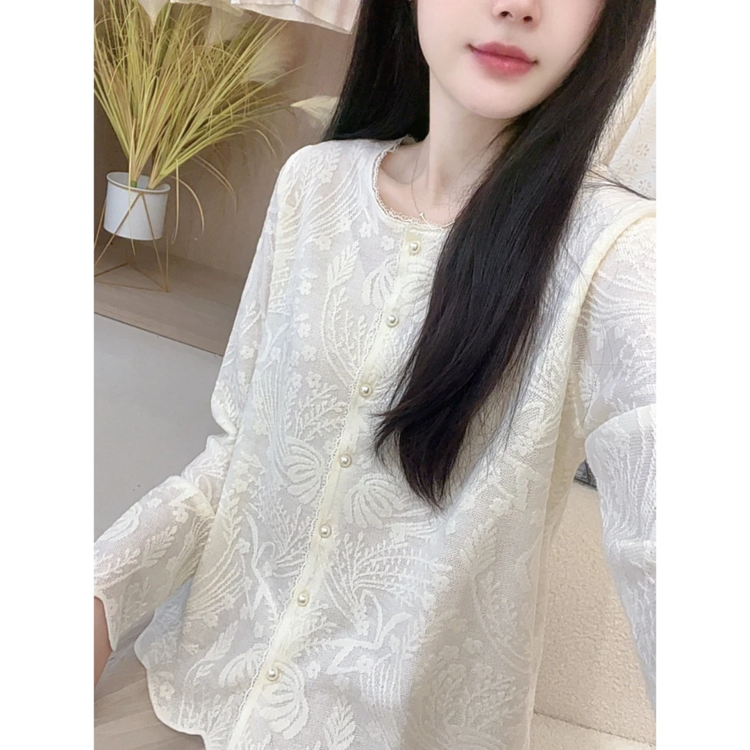 秋季圆领蕾丝边针织开衫毛衣女内搭打底衫