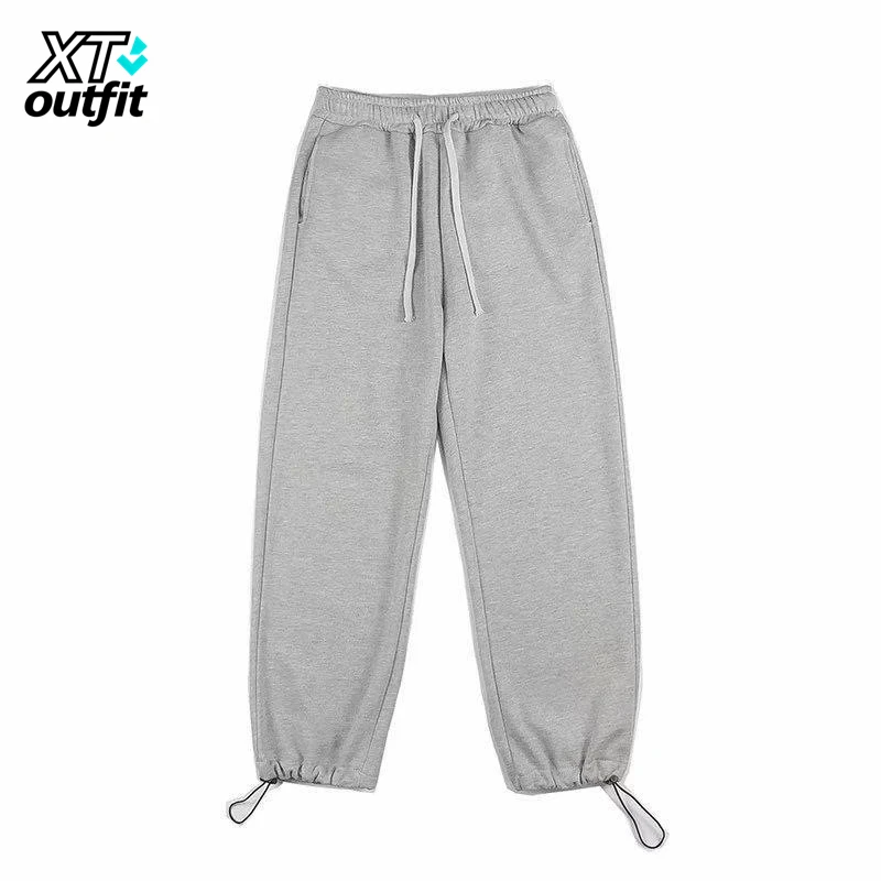 大码裤子男士四季韩版潮流潮牌抽绳束脚灰色宽松运动直筒休闲卫裤