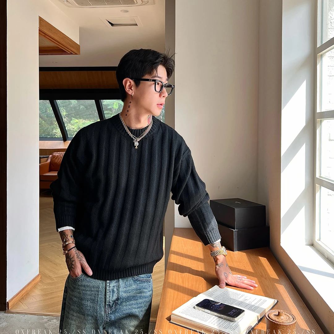 OXFREAK「粗纹坑条 软糯感」老钱风纯色圆领毛衣男宽松打底针织衫