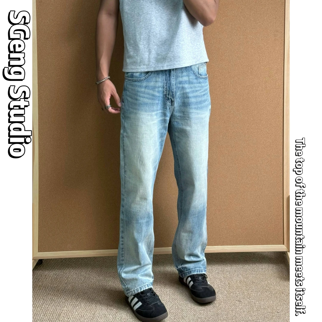 SGeng.春夏新款ins设计感水洗重工直筒vintage牛仔裤情侣vibe长裤