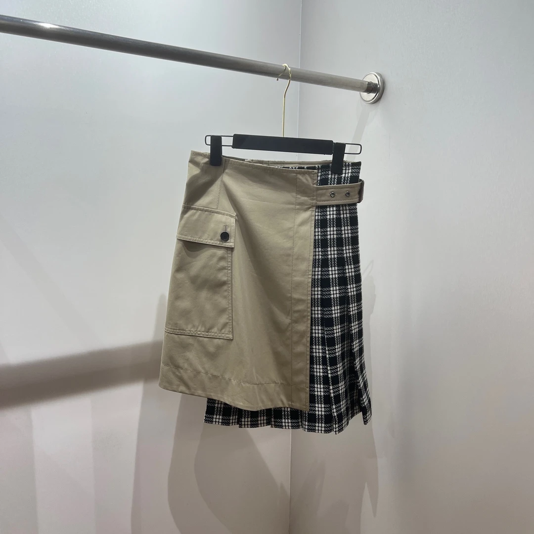 99新 DIOR/迪奥 au336 拼接不对称格纹半身休闲长裙 36码 羊毛