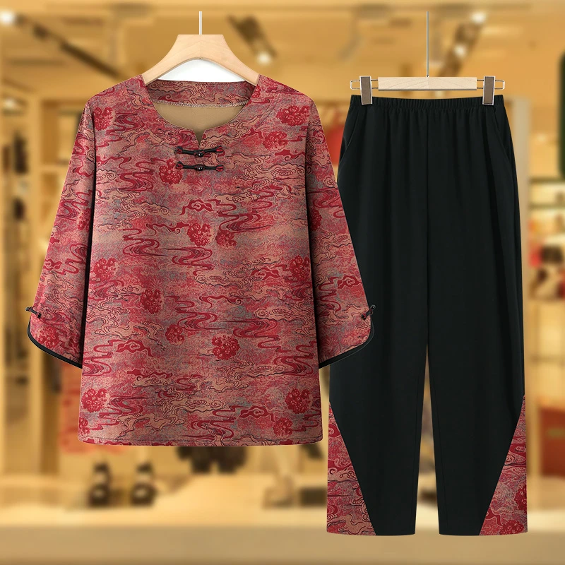 中老年人套装女奶奶夏装中袖妈妈款夏季老人衣服60岁70老太太上衣