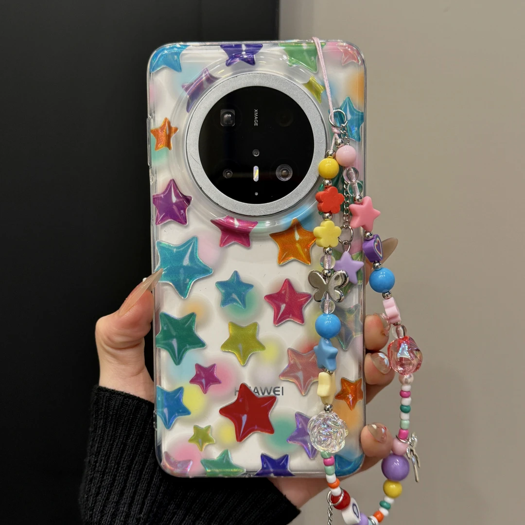 适用华为Pura80/80Pro手机壳苹果16pro韩系透白色壳彩色星星mate6
