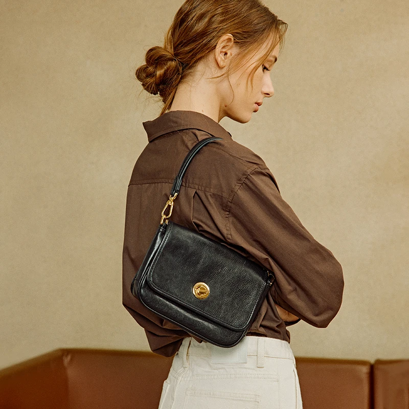 avalea葳里 头层植鞣牛皮复古腋下包 百搭真皮单肩斜挎女包C342