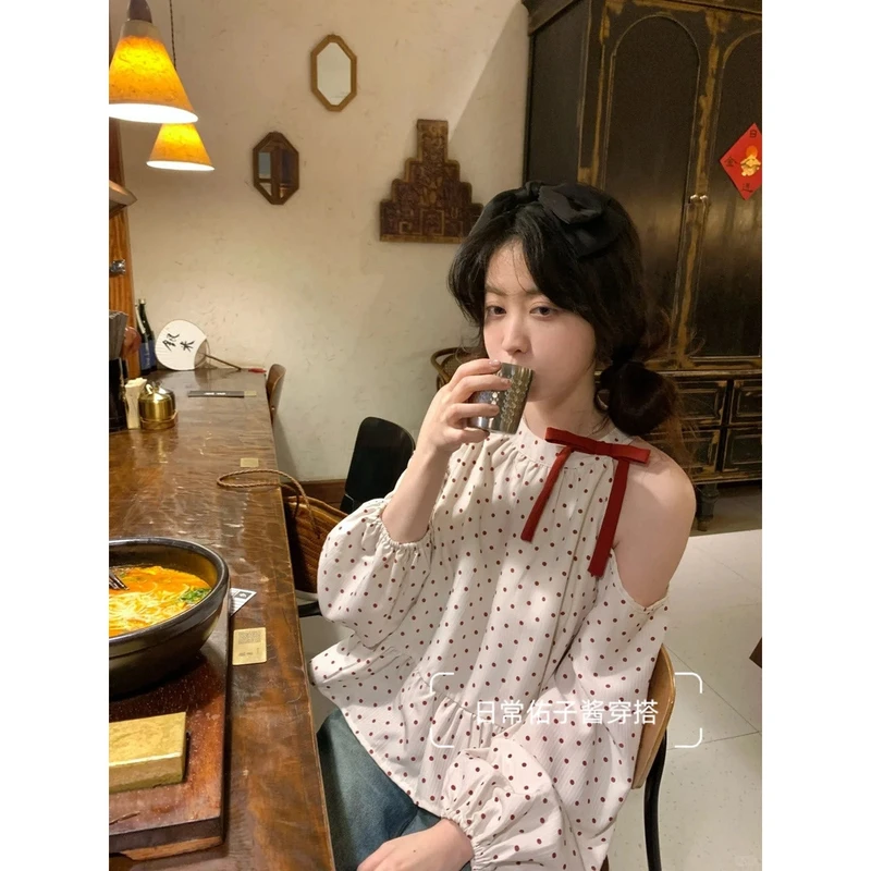 T浆果草莓!春季韩系甜美露肩挂脖泡泡袖衬衫上衣女