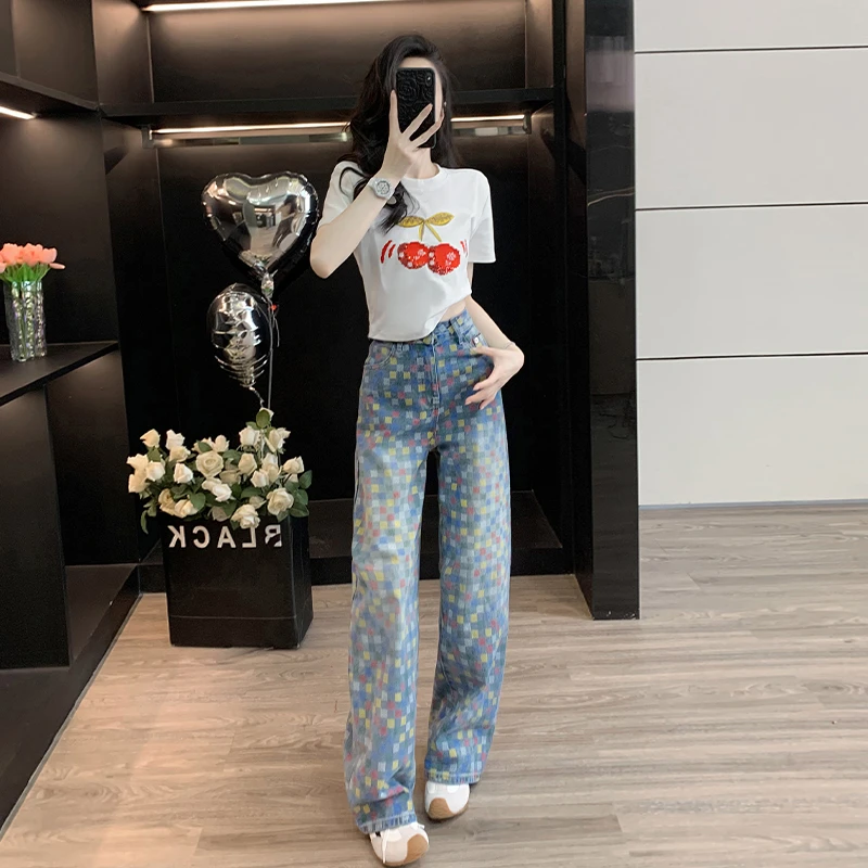 辣妹穿搭一整套女夏季洋气印花短袖T恤彩色棋盘格牛仔裤两件套潮