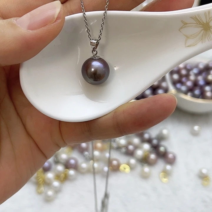 银S925镶嵌淡水珍珠紫珠银色瓜子扣