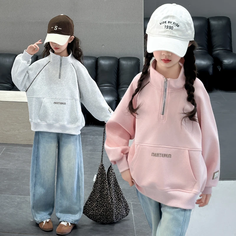 女孩新款卫衣春秋休闲风纯色韩版套头上衣童装秋冬休闲女童洋气潮