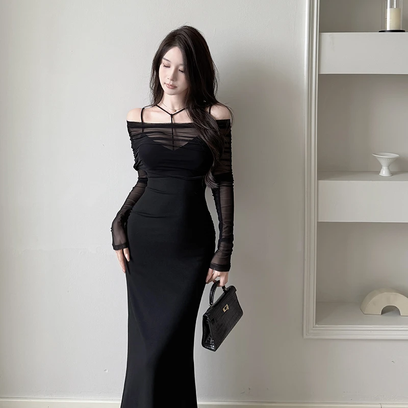 御姐风性感网纱吊带连衣裙套装2025新款收腰显瘦气质长裙两件套