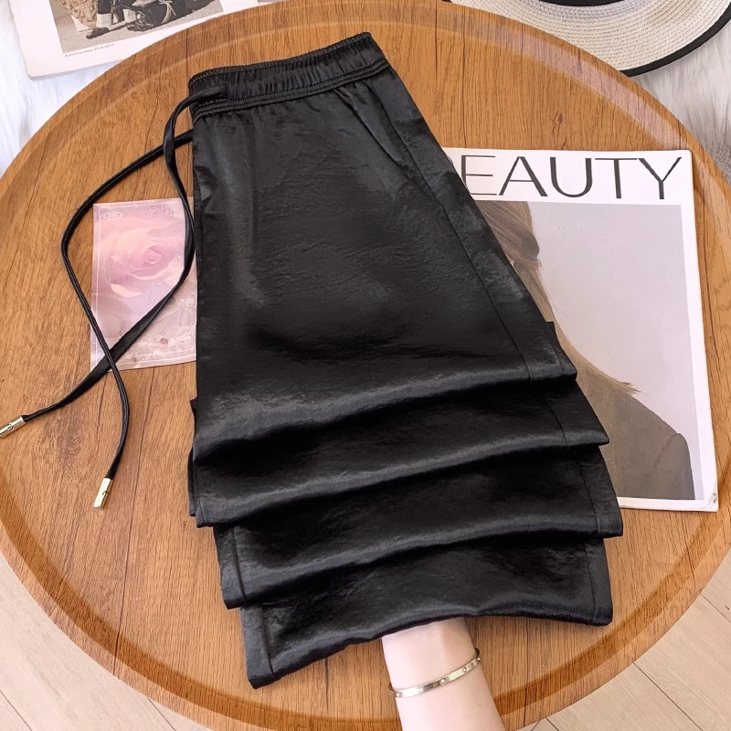 拉夏贝尔醋酸冰丝阔腿裤女夏季薄款2025新款宽松垂感缎面直筒裤子