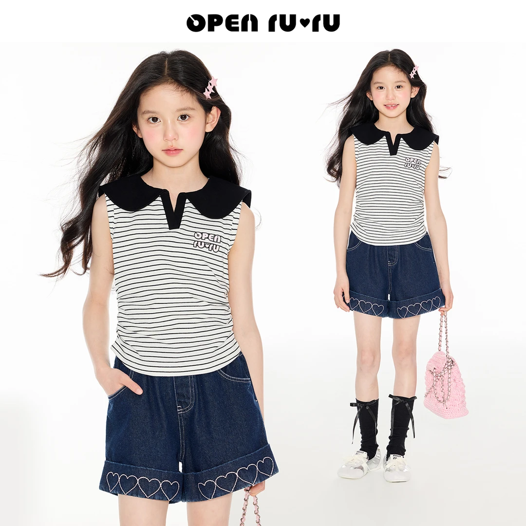 Opennunu女童小V领印花条纹无袖背心夏季儿童海军风修身短款上衣