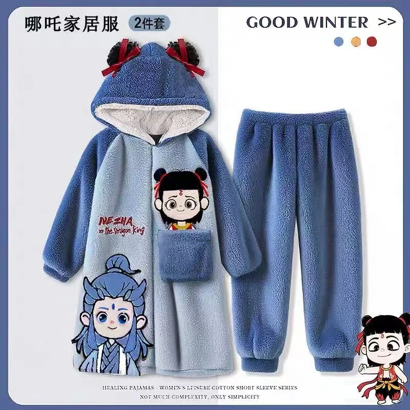 哪吒儿童睡衣男孩2025新款秋冬季加绒加厚珊瑚绒男童睡袍浴袍套装