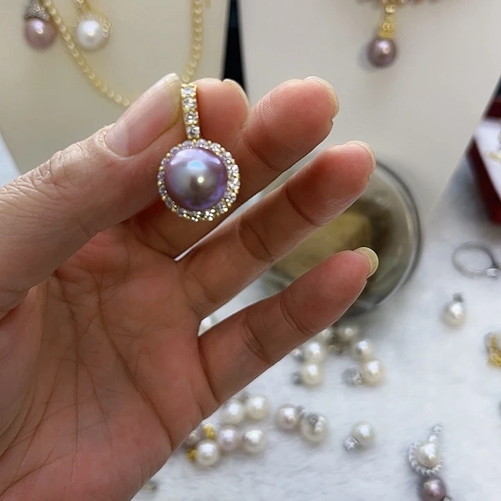 合金紫珠金色太阳花万能扣吊坠淡水珍珠