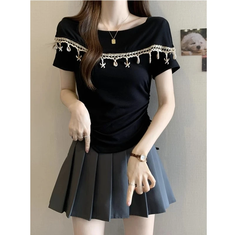 黑色短袖宽松纯色T恤女夏季显瘦打底衫法式流苏立体装饰小个子