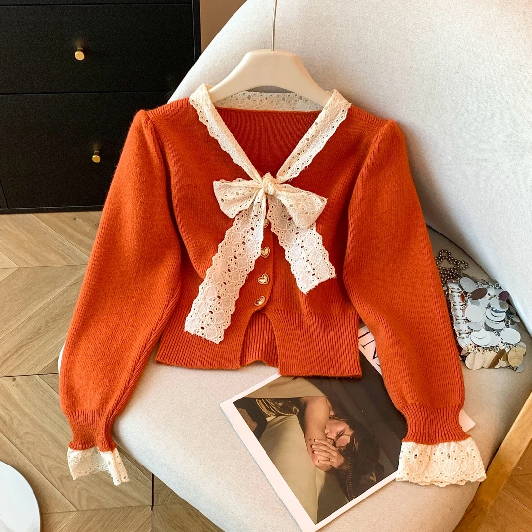 法式蕾丝花边蝴蝶结毛衣女秋冬季休闲洋气显瘦短款外套针织衫上衣