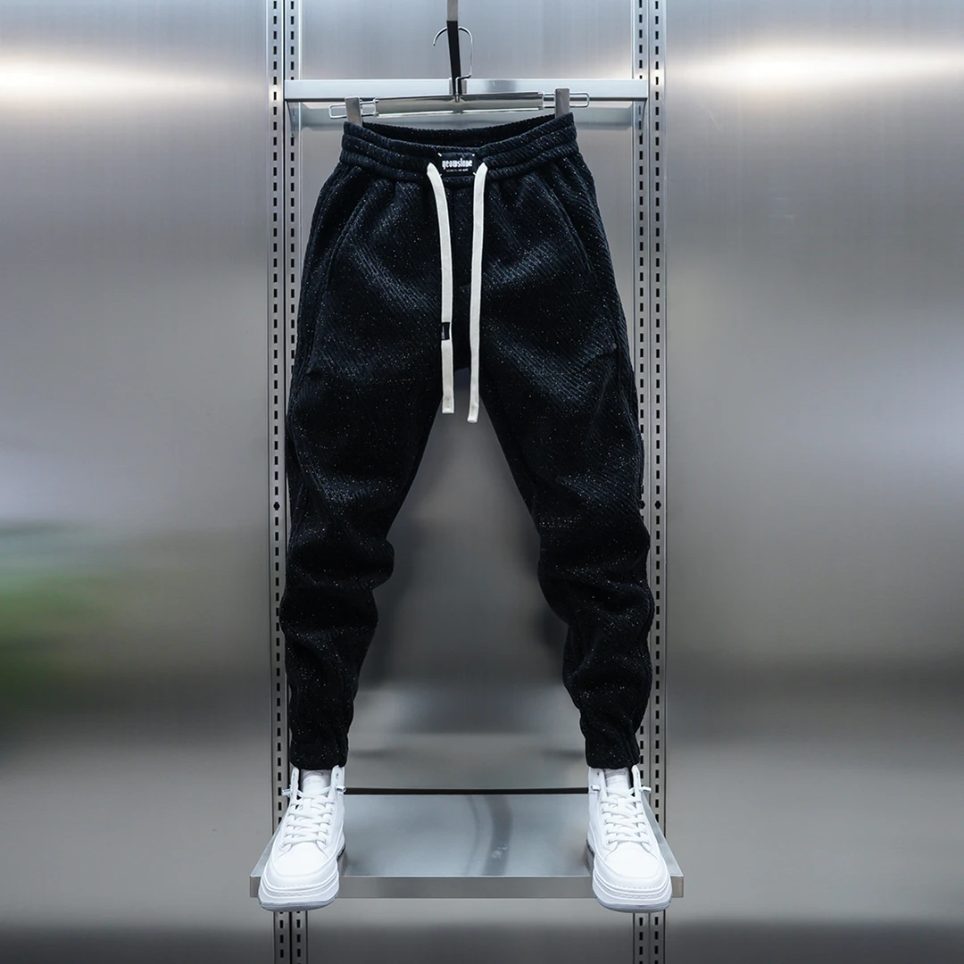 潮牌男装高级感加绒休闲棉裤男士春秋季高端百搭修身束脚运动裤子