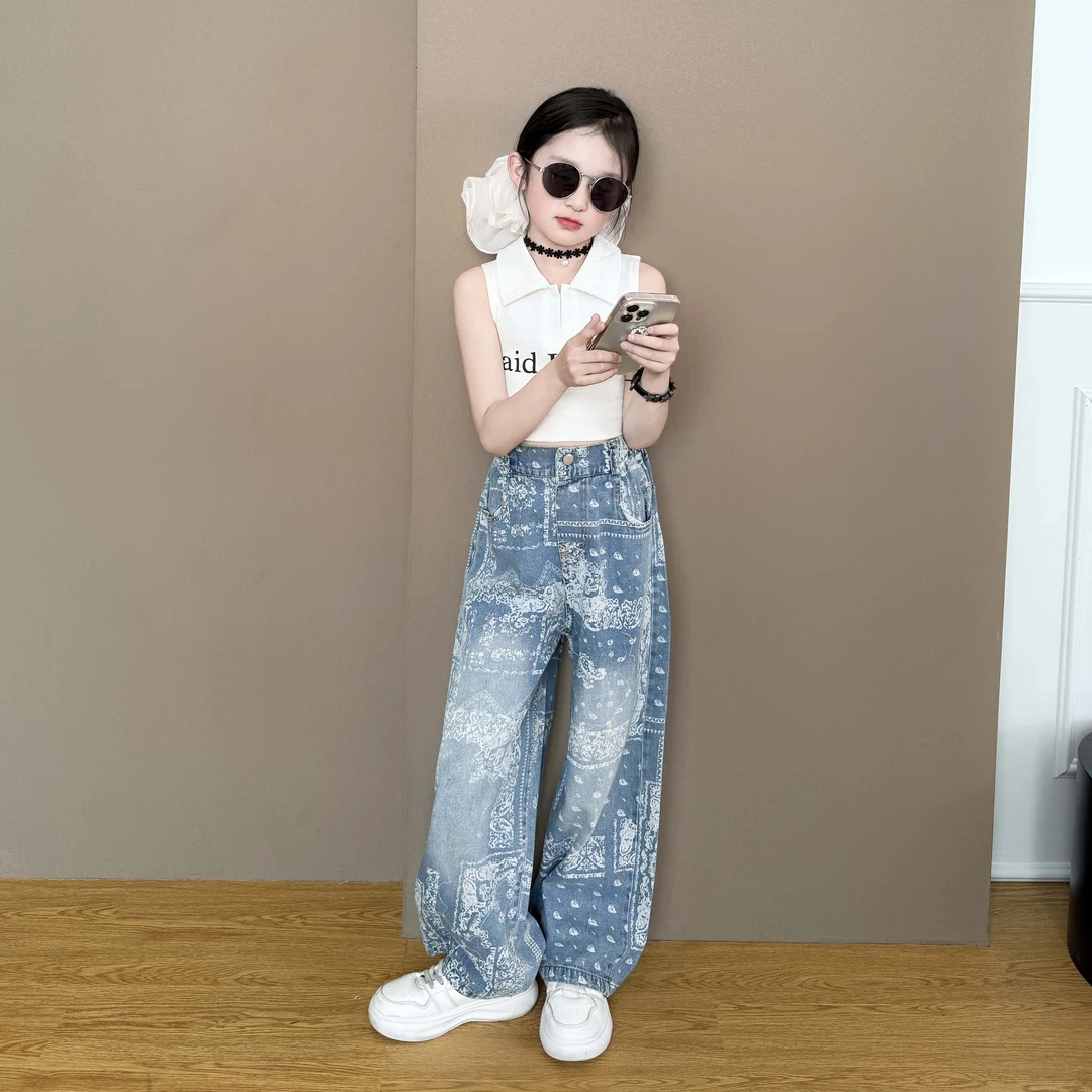 女童夏季套装2025新款女中大童衬衫背心民族风印花牛仔裤两件套