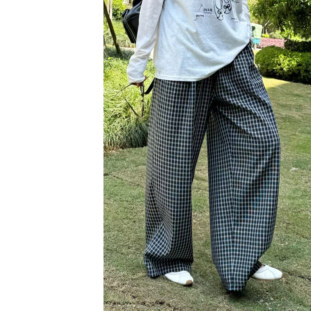 墨迹姐高个子加长“复古黑格子”宽松休闲裤拖地阔腿裤女夏
