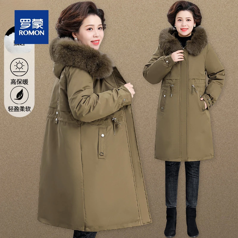 罗蒙中老年妈妈装高档棉服外套女新款冬装毛领洋气减龄中长棉衣