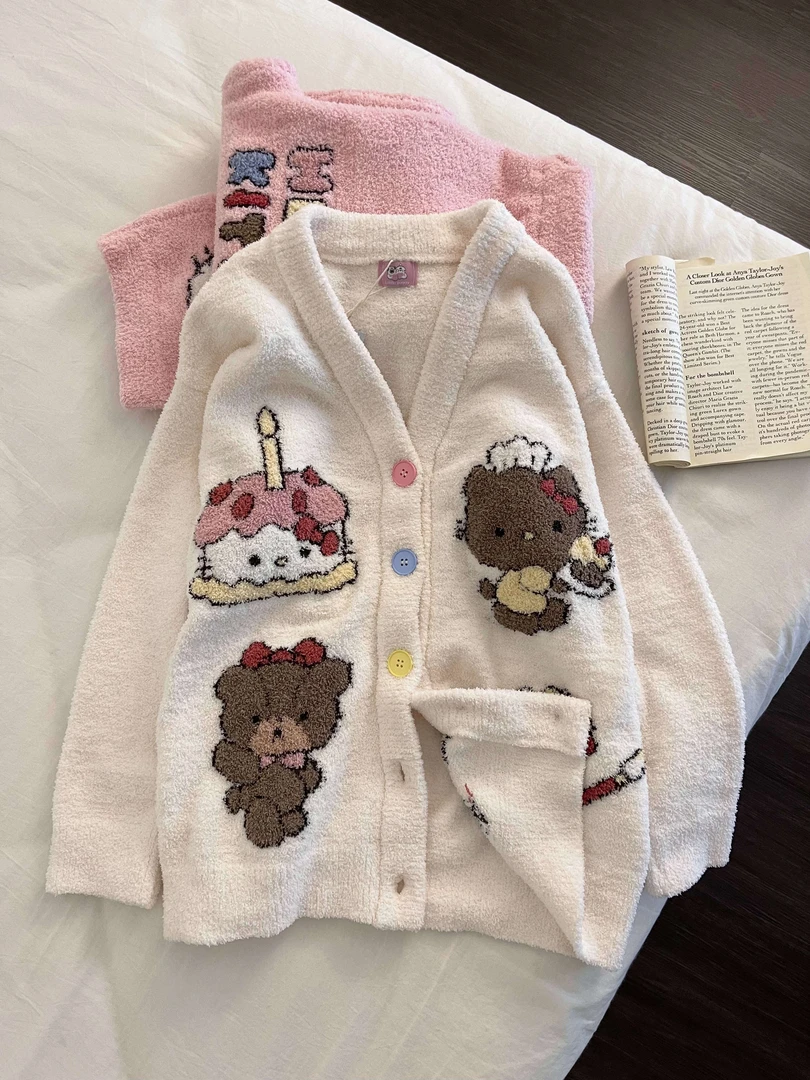 可爱凯蒂猫印花半边绒睡衣女秋冬新款休闲开衫外套舒适家居服套装