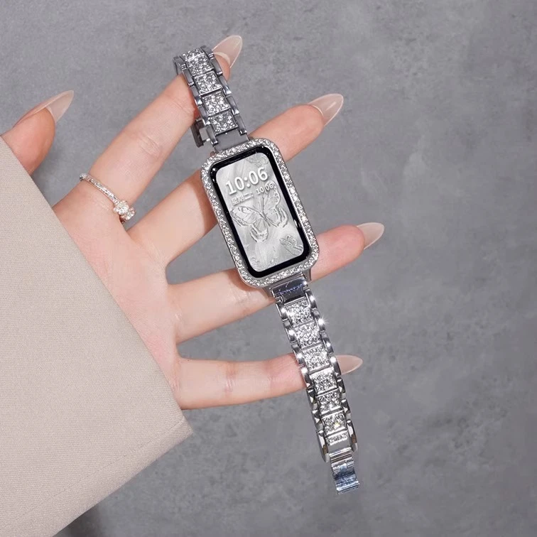 适用华为手环10手表带9金属8满钻表链nfc版智能施华洛女高级腕带