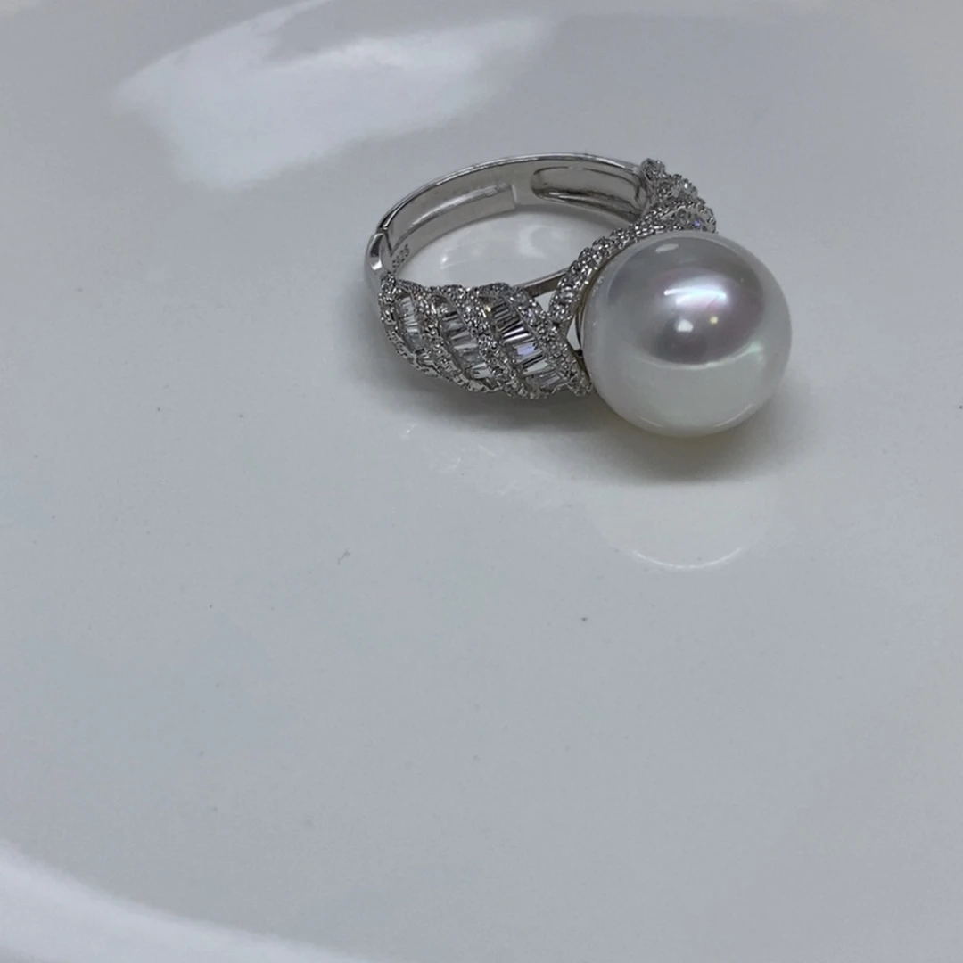 海水珍珠戒指银S925镶嵌澳白宝石光11-12m m