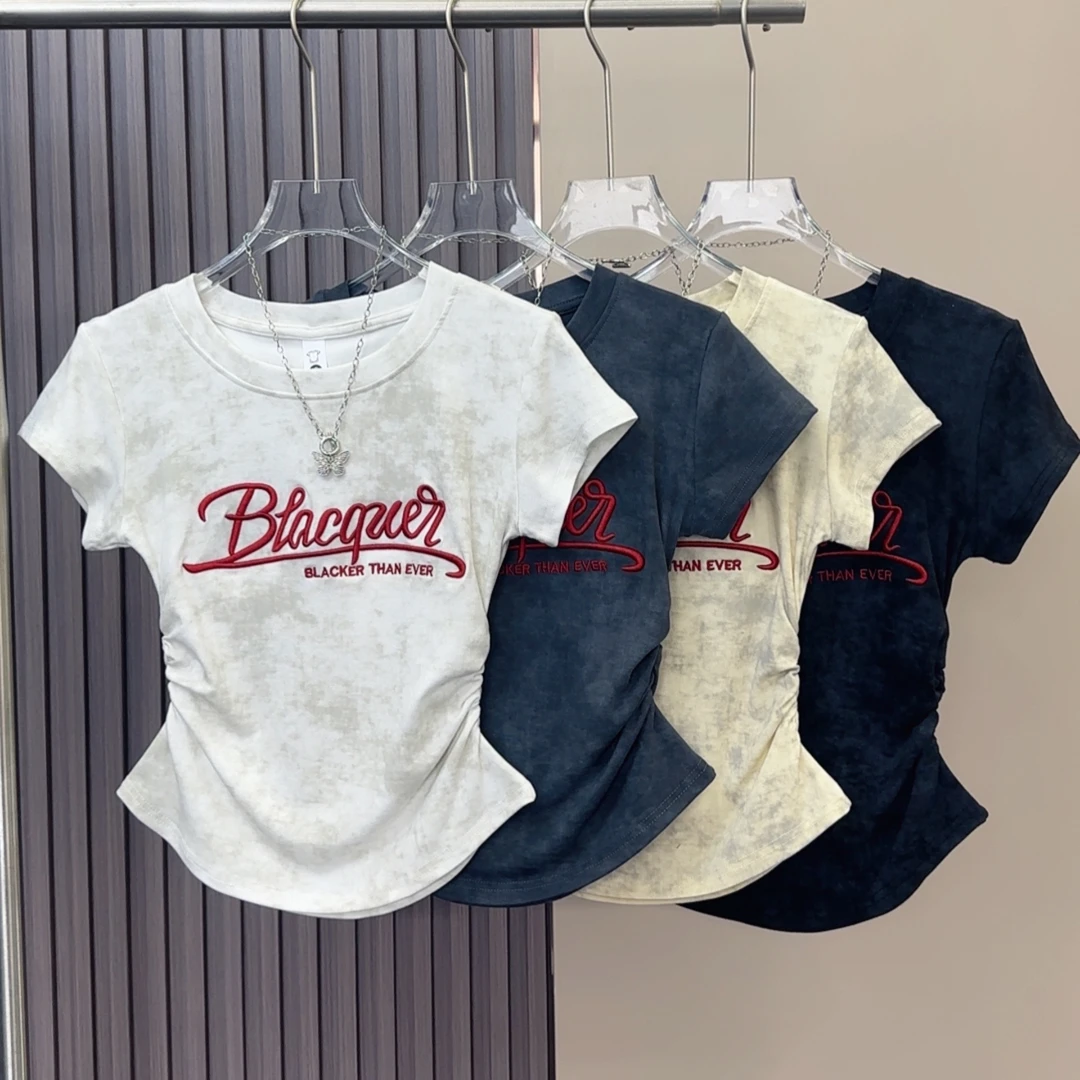 2025新款夏季潮流百搭T恤修身洋气美式刺绣圆领显瘦