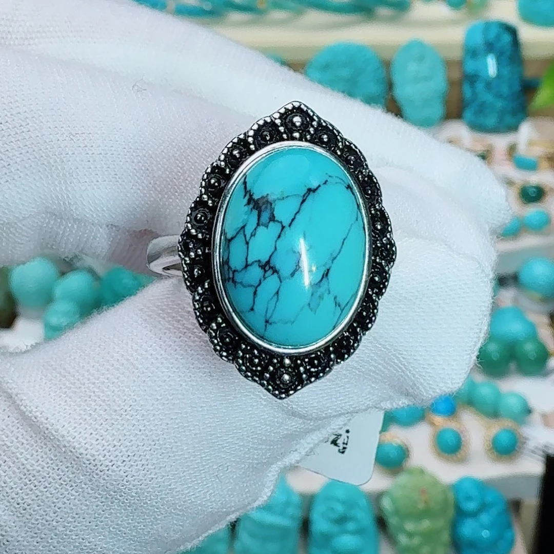 绿松石银S925镶嵌珠宝奇石饱满鸽子蛋戒指