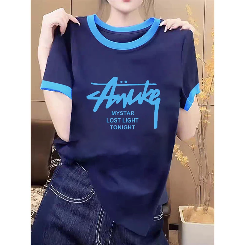 2025春夏季新款圆领拼色短袖t恤女时尚百搭高级设计感小众上衣潮