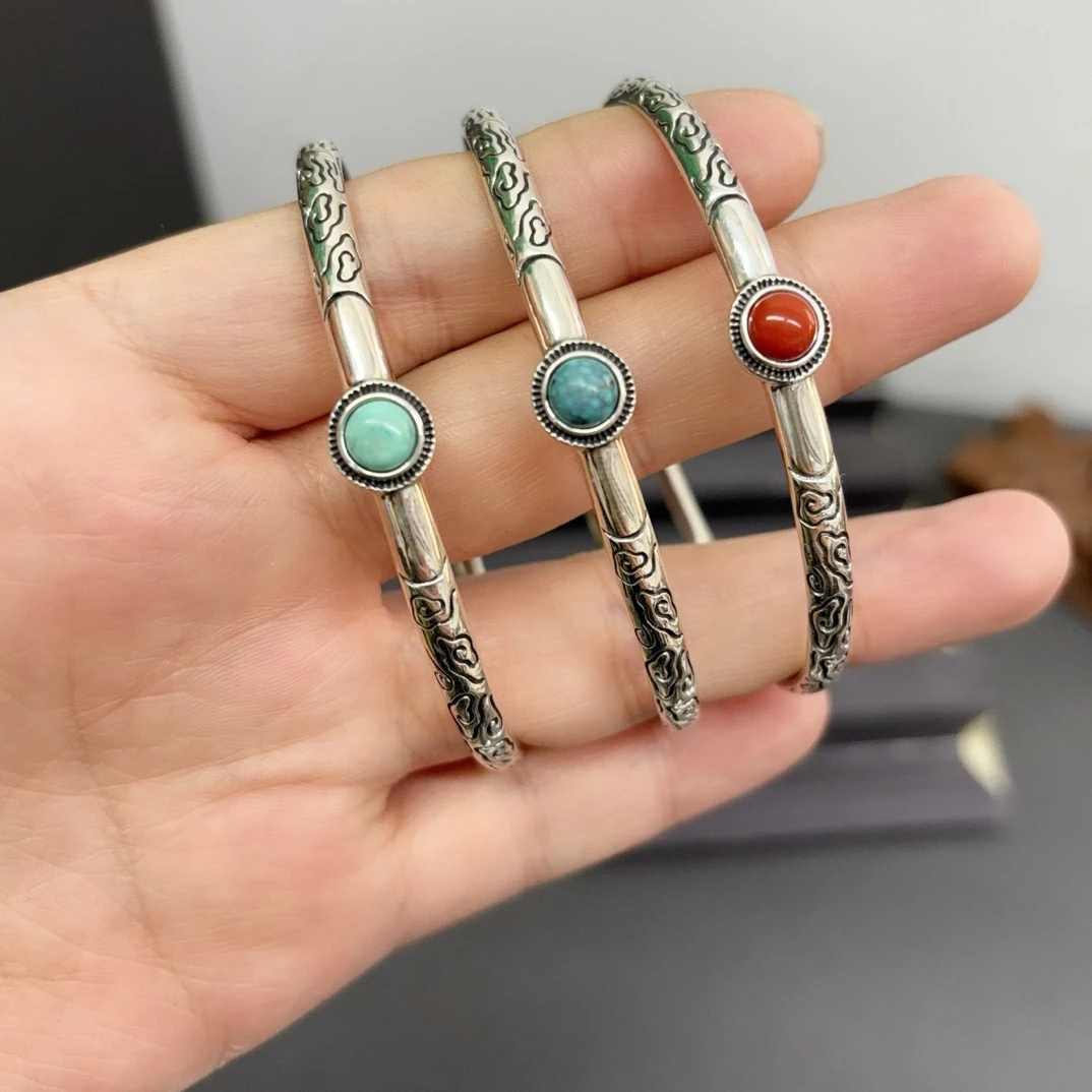 925银银制品 纯银民族的开口手镯