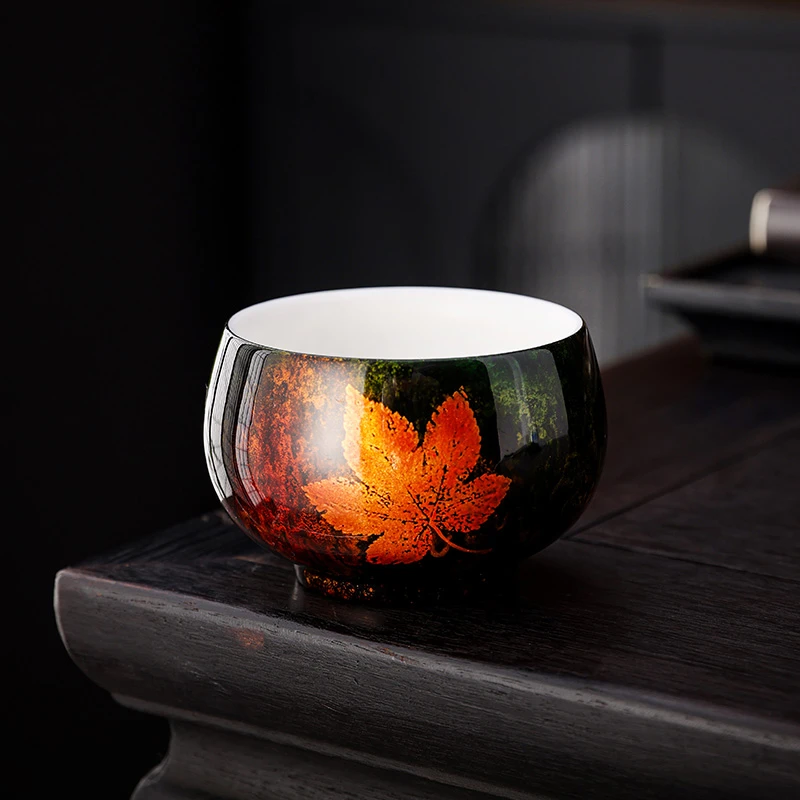 大漆多宝葎草罗汉杯 白瓷飘漆拓印工艺  纯手工制作 刘卓大漆