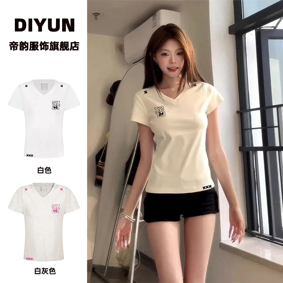 美式辣妹V领正肩短袖t恤女夏季设计感掐腰修身显瘦短款上衣ins