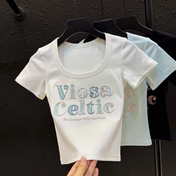 刺绣字母夏季锁骨U领短袖女款爆款2025新款修身显瘦上衣夏132#