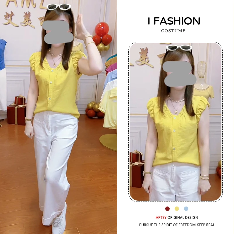 韩版百搭小飞袖衬衫女2025年夏季新款洋气减龄宽松显瘦v领上衣潮