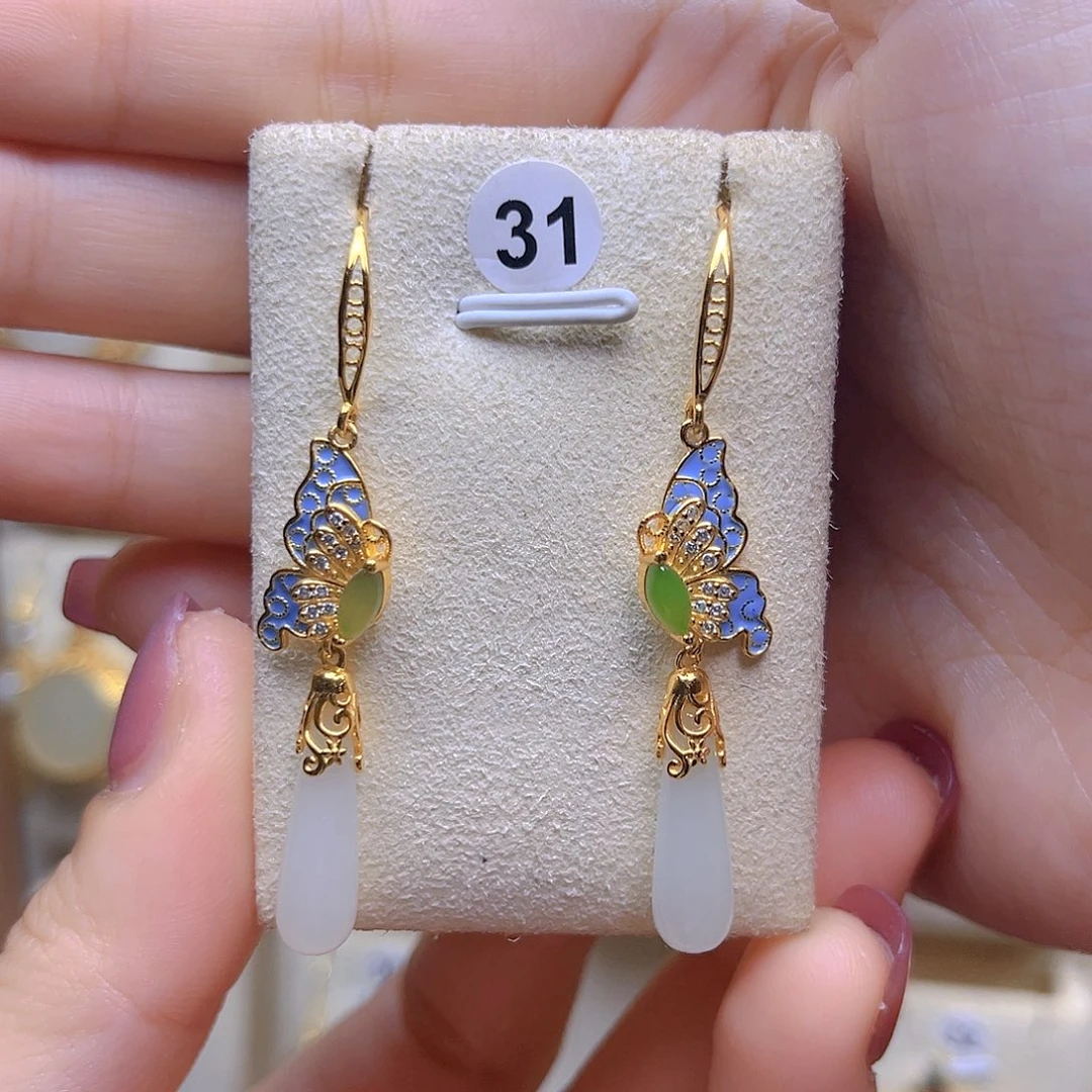 和田玉银S925镀金镶嵌耳饰