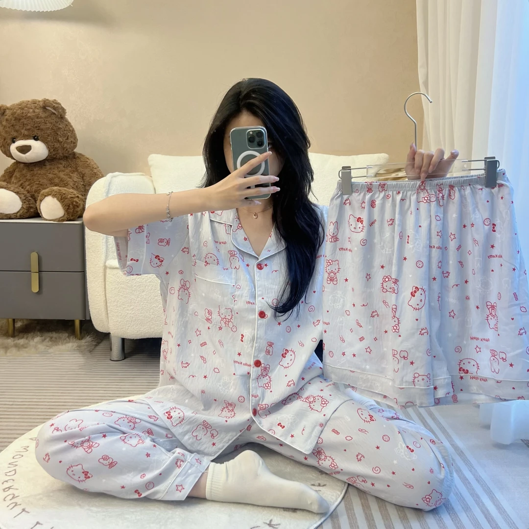 【蓝红Kitty】新款睡衣简约宽松夏季短袖短裤长裤家居服女韩版三件