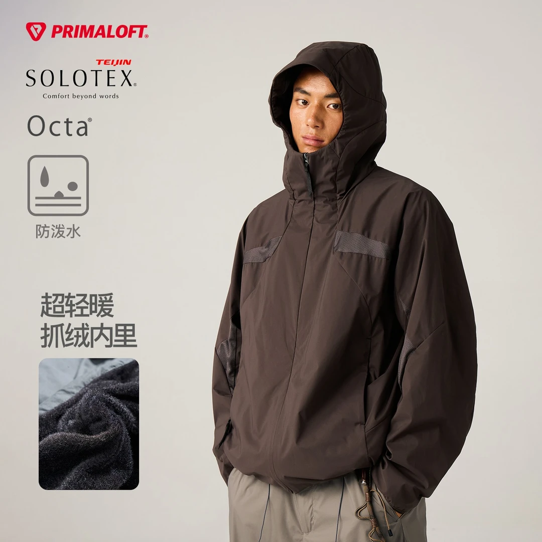 蓝岐帝人OCTA拼接抓绒防泼水棉服primaloft金标p棉保暖连帽棉衣男